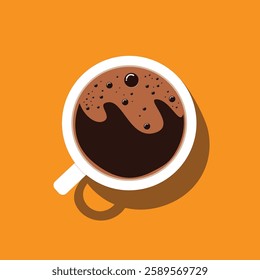 Cup of coffee with foam. hot morning coffee mug. Top view. Coffee break. flat vector illustration