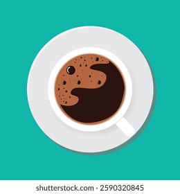 Cup of coffee with foam. hot morning coffee mug. Top view. White mug and saucer. Coffee break. flat vector illustration