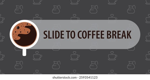 Cup of coffee with foam. Hot coffee mug. Top view. White mug. Slide to coffee break. Horizontal banner. Coffee seamless on background. flat vector illustration