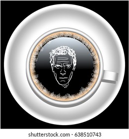 Cup of coffee with foam man face on plate.