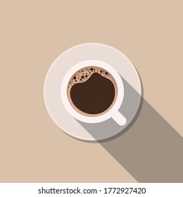 cup of coffee with foam. Minimalistic cup of latte with long shadow. Cappuccino, view from above. Top View. Minimal Design Poster flat vector illustration.