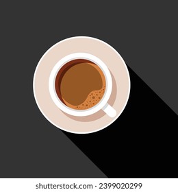 cup of coffee with foam. Minimalistic cup of latte with long shadow. Cappuccino, view from above. Top View. Modern design flat vector illustration.