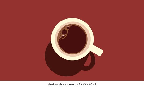 Taza de café con espuma sobre fondo rojo, café de la mañana, café en taza con burbujas