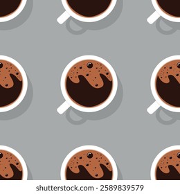 Cup of coffee with foam seamless pattern. Texture pattern with hot morning coffee mug. Top view. Coffee break. Wallpaper template. flat vector illustration