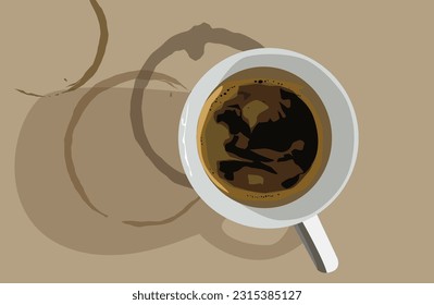 Cup of coffee with foam and coffee cup stain. Realistic illustration.