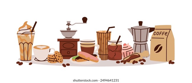 Cup coffee, food cafe composition. Bean morning drink, bag donut, cookie, breakfast ice latte mug. Icon beverage. Cappuccino glass, americano and espresso. Menu doodle. Vector cartoon illustration