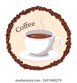 Tasse Kaffee in einem Rahmen aus Kaffeebohnen
