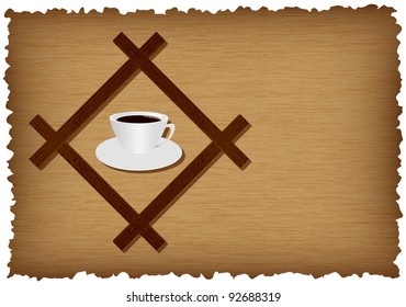 Cup of coffee in frame on grunge hatching background