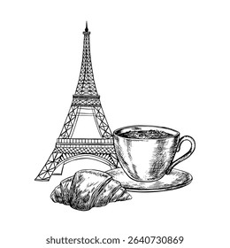 Uma xícara de café e um pão de croissant francês no fundo da Torre Eiffel. Ilustração de vetor desenhada à mão em preto-e-branco. Em um fundo branco. Para embalagens, rótulos, banners, folhetos, menus.