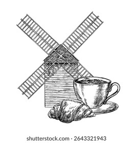 Uma xícara de café e doces franceses com um croissant no fundo do Moulin de la Galette. Ilustração em preto e branco com vetor desenhado à mão. Bolos franceses. Para embalagem, rótulos e menus.