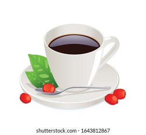 Cup of coffee with fresh coffee beans and leaves isolated on white background.
