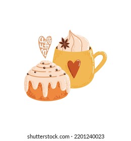 Cup of coffee and fresh cinnabon bun. Vector autumn concept illustration in simple flat style. Hand drawn clipart in warm autumn colors.