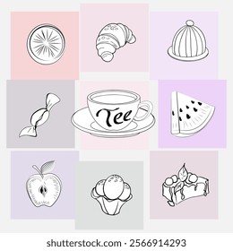 A cup of coffee, fruit, desserts on multi-colored squares. A sign for a cafe. Menu design. logotype. poster. Vector illustration.