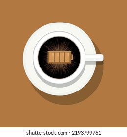 A cup of coffee with full charge battery cell, Showing full power energy concept,  illustrator vector cartoon drawing
