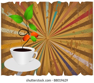 Cup of coffee with germ and fruits in abstract grungy background