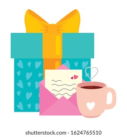 cup coffee with gift box and envelope vector illustration design