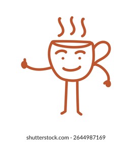 Cup of coffee, giving thumbs up, mascot logotype character, outline icon