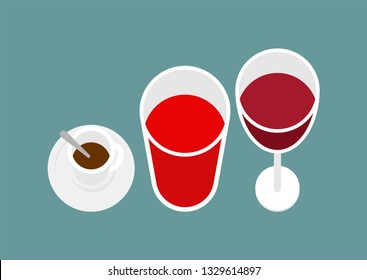 Cup of coffee, glass of juice and glass of wine top view. Drinks Vector Set