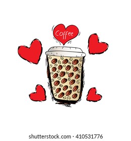 Cup of coffee to go. Doodle style.