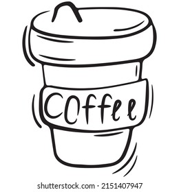 una taza de café que se va durante una pausa de trabajo, elemento vectorial aislado en estilo doodle, contorno negro, fondo blanco, garabatos de negocios