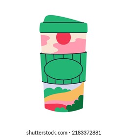 A cup of coffee to go with a spring landscape inside. Cup sleeve with place for text. Vector illustration.