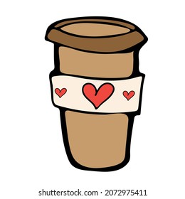 Taza de café para ir. Quita una bebida caliente. Felices decoraciones hechas a mano en el día de San Valentín. Ilustración vectorial en estilo doodle.