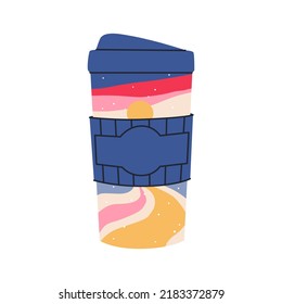 A cup of coffee to go with a winter landscape inside. Cup sleeve with place for text. Vector illustration.
