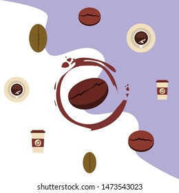 Cup of coffee and coffee grain. Abstract vector background.