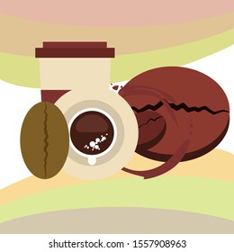 Cup of coffee and coffee grain. Abstract vector background