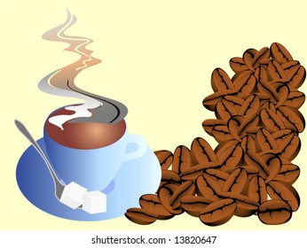 Cup of coffee and grain on a yellow background