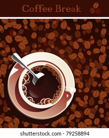 Cup of coffee and coffee grains.