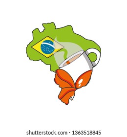 cup coffee with grains and and map of brazil