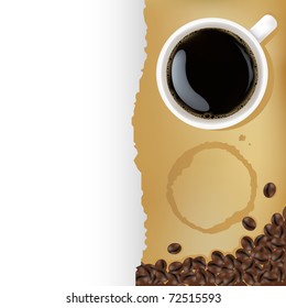 Cup Of Coffee With Coffee Grains And Old Paper,  Vector Illustration
