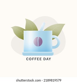 A cup of coffee with grains on the background of coffee leaves. Coffee day.