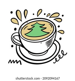 Bebida caliente de invierno con árbol verde. Dibujo a mano de dibujos animados y estilo de contorno negro. Ilustración vectorial.