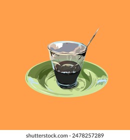 cup of coffee in green saucer on orange background