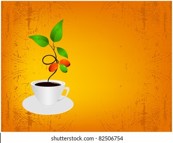 A cup of coffee with green shoots and berries located on an orange background grunge