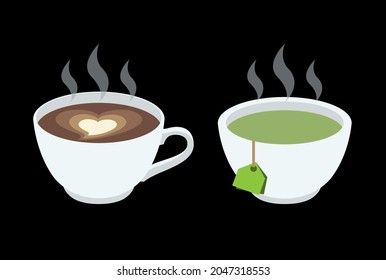 a cup of coffee and a cup of green tea vector illustration icon set .