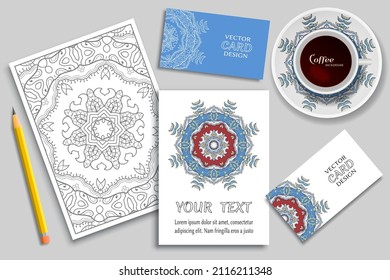 Cup of coffee, greeting card or invitation design, business cards concept idea. Hand drawn doodle mandala ornament on a saucer, pencil and sketch coloring page, size A4. Vector mock up templates set