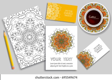 Cup of coffee, greeting card or invitation design, business cards concept idea. Hand drawn doodle mandala ornament on a saucer, pencil and sketch coloring page, size A4. Vector mock up templates set
