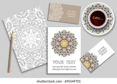 Cup of coffee, greeting card or invitation design, business cards concept idea. Hand drawn doodle mandala ornament on a saucer, pencil and sketch coloring page, size A4. Vector mock up templates set