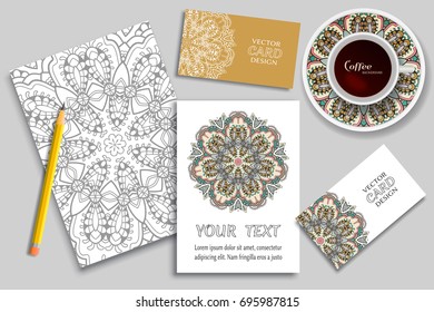 Cup of coffee, greeting card or invitation design, business cards concept idea. Hand drawn doodle mandala ornament on a saucer, pencil and sketch coloring page, size A4. Vector mock up templates set