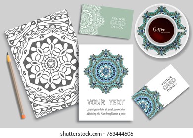 Cup of coffee, greeting card or invitation design, business cards concept idea. Hand drawn doodle mandala ornament on a saucer, pencil and sketch coloring page, size A4. Vector mock up templates set