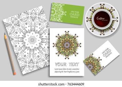 Cup of coffee, greeting card or invitation design, business cards concept idea. Hand drawn doodle mandala ornament on a saucer, pencil and sketch coloring page, size A4. Vector mock up templates set