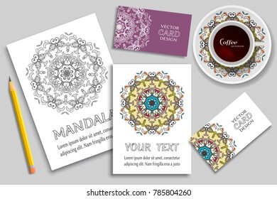 Cup of coffee, greeting card or invitation design, business cards concept idea. Hand drawn doodle mandala ornament on a saucer, pencil and sketch coloring page, size A4. Vector mock up templates set