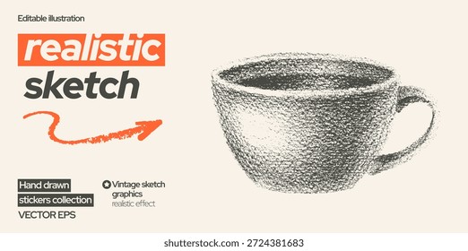 Xícara de café colagem de meio-tom. Desenho a lápis xícara de chá ou café, colagem fotocopiadora de meio-tom. Caneca de Grunge, corte de comida vintage arte. Retro café da manhã, italiano brunch ilustração como png. Corte vintage bg