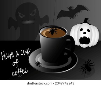 Cup of coffee for halloween. Cup of coffee with pumpkin, spider and bat. Vector graphics.