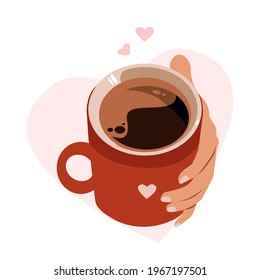 Tasse Kaffee in der Hand.