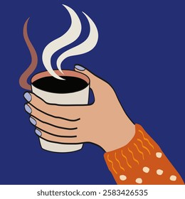 Cup of coffee in hand cartoon drawing. Mug of warm beverage, espresso or chocolate. Hand holding coffee or tea cup, hot drink vector illustration on blue. Colored flat drawn. Tea time in a cafe.