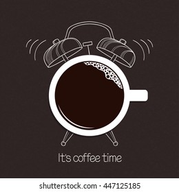 Cup of coffee with hand drawn alarm clock over blackboard background. Break time, good morning, drinks menu design concept